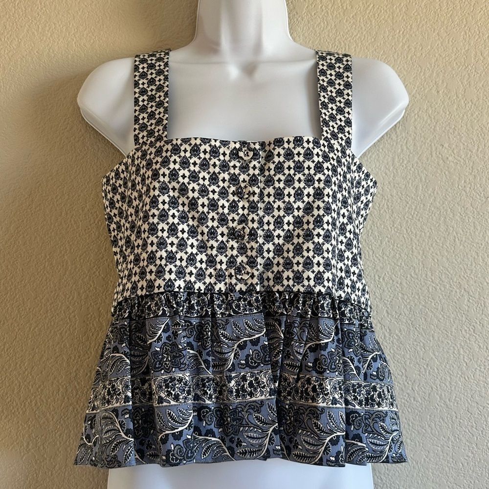 Veronica Beard Gari Cotton Peplum Paisley
Print Top Blue White Button Back Sz 4